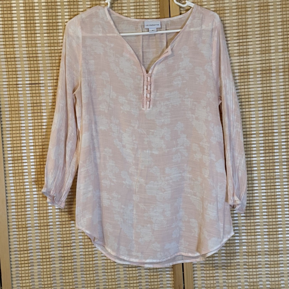 Liz Claiborne Womens M Pink Tunic Blush White Fairycore Cottagecore Lagenlook